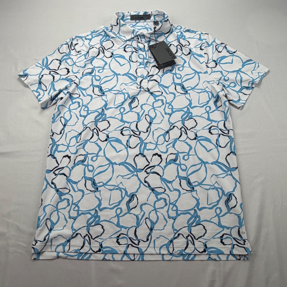 G/FORE Golf Polo Mens Size M White Blue Abstract Floral Performance Shirt NEW